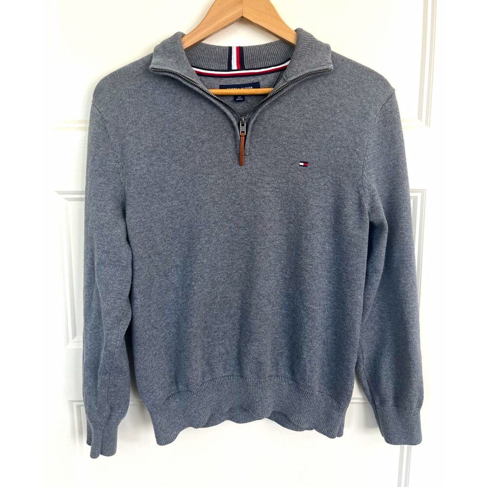 Tommy Hilfiger Mens Gray Quarter Zip Pullover Sweater Cotton Flag Logo Size S